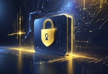 Digital lock, cybersecurity on glowing blue and gold ciruit background, AI generated