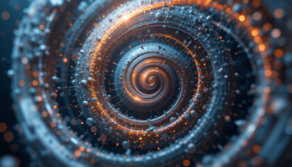 
An abstract spiral clock with glowing hands, surrounded by floating particles
