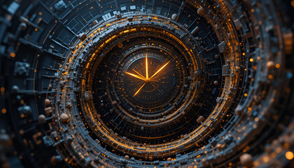 
An abstract spiral clock with glowing hands, surrounded by floating particles

