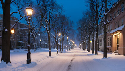 A quiet street at dusk, covered in snow, with glowing streetlights