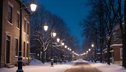 A quiet street at dusk, covered in snow, with glowing streetlights