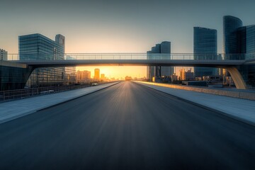 A clear and detailed view of a modern bridge spanning over a smooth asphalt road, surrounded by high-rise buildings and a futuristic city  at sunset.