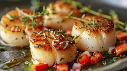 Seared scallops garnished with thyme and diced peppers for a succulent gourmet seafood presentation, AI generated