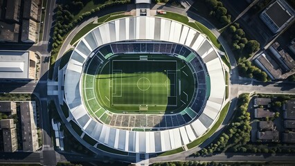 Obraz premium Aerial view of an empty soccer stadium showcasing with its geometric patterns, AI generated