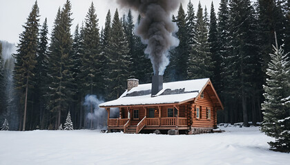 A cozy log cabin with smoke rising from the chimney, surrounded by snowy pine trees
