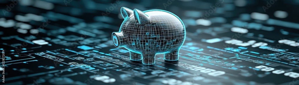 Aufkleber a digital piggy bank stands on a matrix of data, symbolizing the intersection of finance and technol