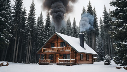 A cozy log cabin with smoke rising from the chimney, surrounded by snowy pine trees
