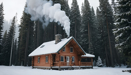 A cozy log cabin with smoke rising from the chimney, surrounded by snowy pine trees
