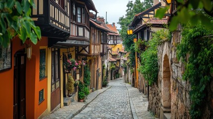 Fototapeta premium street in an old European town, where cobblestones line the ground and vintage streetlights flicker.