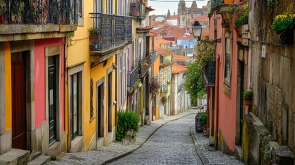 Fototapeta premium street in an old European town, where cobblestones line the ground and vintage streetlights flicker.