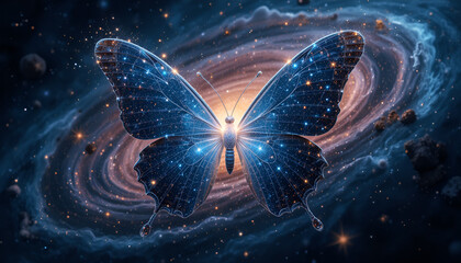 A butterfly made of stardust flying through a swirling galaxy