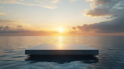 The podium stands in the water of a luxury swimming pool with a view of the sea and sunset.