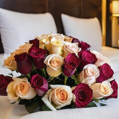 Obraz premium Bedroom featuring a large, colorful bouquet of roses on a neatly made bed, enhancing a cozy and romantic atmosphere, AI generated