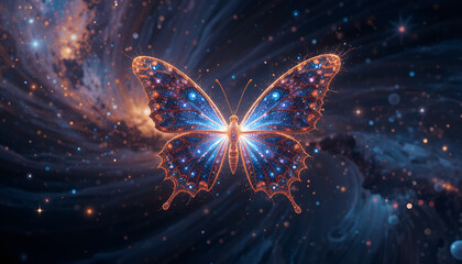 A butterfly made of stardust flying through a swirling galaxy
