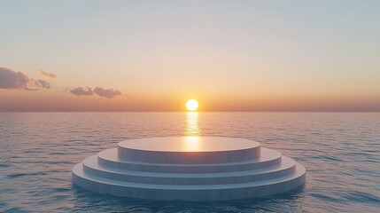 The podium stands in the water of a luxury swimming pool with a view of the sea and sunset.
