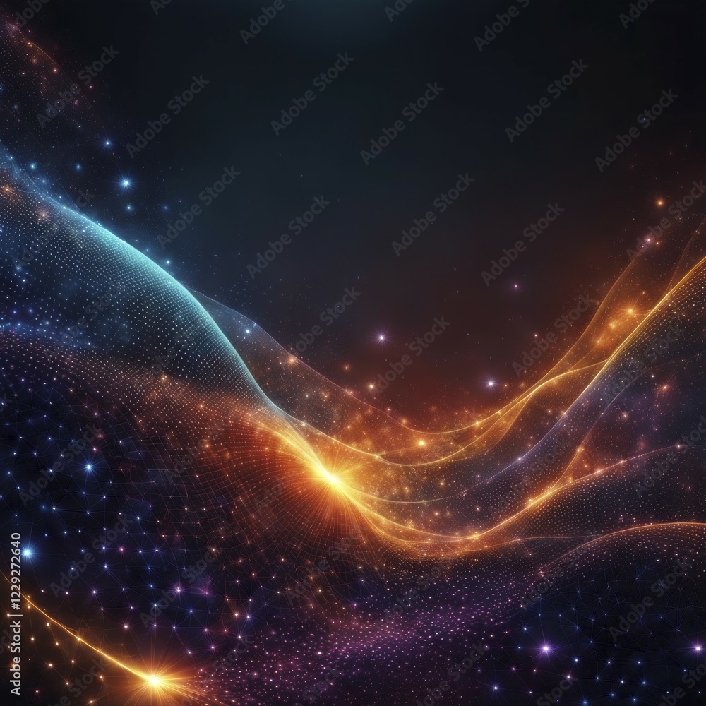 Poster a blend of orange and blue particles creating dynamic wave patterns on a dark background, ai generat