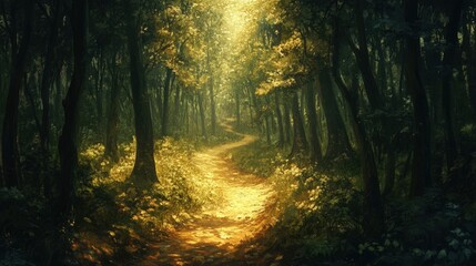 Fototapeta premium winding trail through a dense forest, where the trees are so close together that the sunlight only barely touches the forest floor.