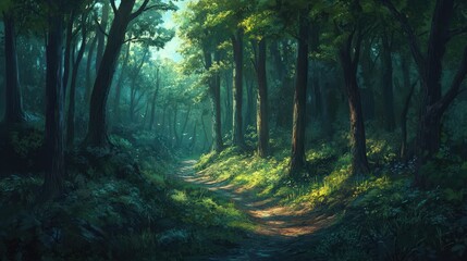 Obraz premium winding trail through a dense forest, where the trees are so close together that the sunlight only barely touches the forest floor.