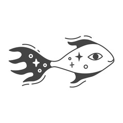 Mystical Fish Illustration. Doodle underwater animal with stars. Outline vector illustration. Celestial creature