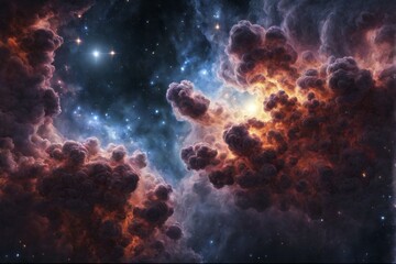 Fototapeta premium A nebula with glowing orange and blue clouds, scattered with stars, set against a dark sky, presenting a captivating cosmic view, AI generated