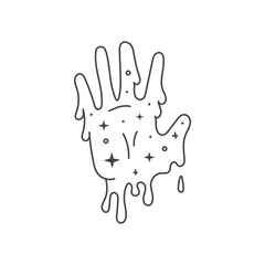 Surreal Melting Hand with Stars Illustration. Vector graphic of human palm with dripping fingers and drops. Outline psychedelic symbol. Futuristic design element