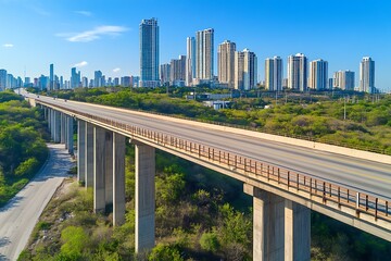 A clear shot of an elevated asphalt road crossing a massive concrete bridge, with a modern, vibrant city  filled with high-rise buildings in the background.