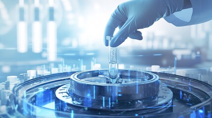 Researcher inserts test tube into laboratory centrifuge, blurred background1