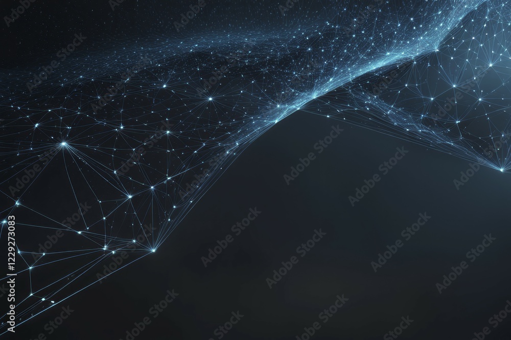 Poster abstract digital illustration of a network with nodes and lines against a dark background, emitting 