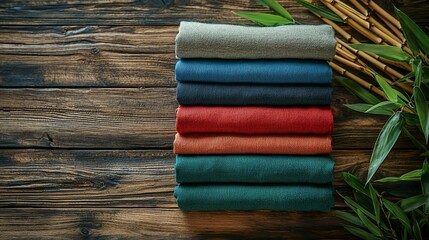 Stacked colorful shirts, bamboo, wood background; clothing, fashion, texture