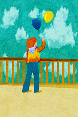 Ilustracja mała dziewczynka z warkoczem stojąca przy balustradzie z balonikami w kolorze niebieskim i żółtym w dłoni. © Monika