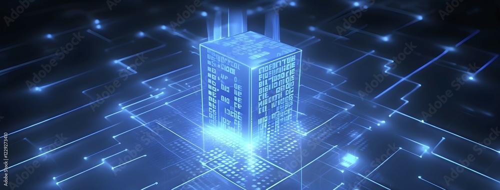 Aufkleber three dimensional render of a blue glowing blockchain cube, ai generated