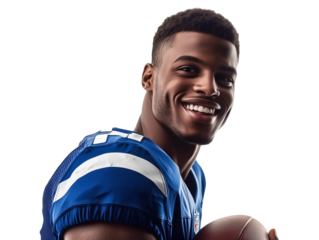 Young Athlete Smiles While Holding a Football in a Bright Indoor Setting, Showcasing His Passion for the Sport on a transparent background