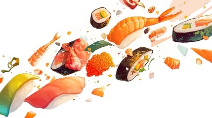 Sushi Rolls are various in the air. Levitation concept. white background, horizontal view