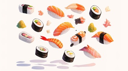Sushi Rolls are various in the air. Levitation concept. white background, horizontal view