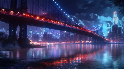 Obraz premium lit-up bridge crossing a river in an urban setting.