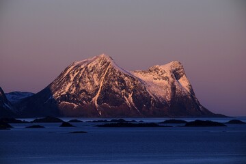 Sunrise in mountain fjords, Teisteneset, Ytre Teisten, Island Senja, Norway, Europe