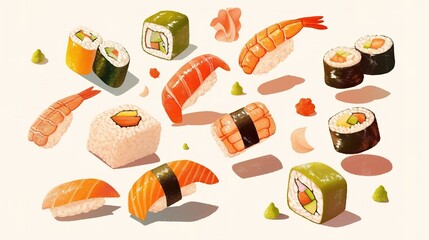 Sushi Rolls are various in the air. Levitation concept. white background, horizontal view