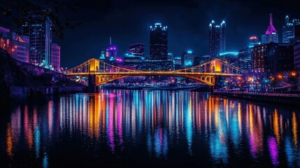 Fototapeta premium lit-up bridge crossing a river in an urban setting.