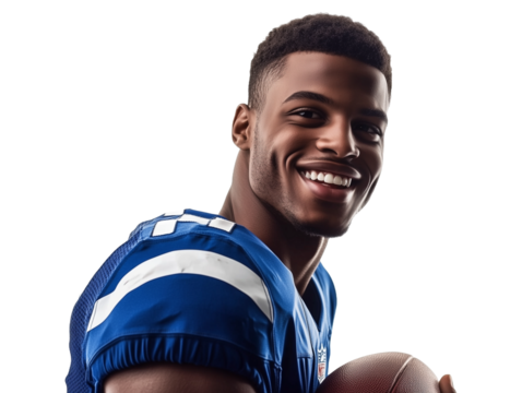 Young Athlete Smiles While Holding a Football in a Bright Indoor Setting, Showcasing His Passion for the Sport on a transparent background