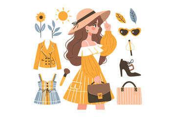  flat vector illustration of fashion girl with dress set, isolated on white background