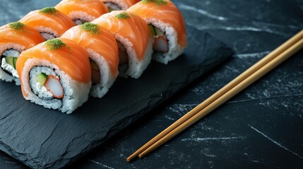 The best view of traditional cuisine. Sushi rolls with salmon, and vegetables served on black table. Food on black stone with chopsticks.