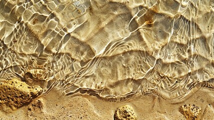 Close-up of a sandy beach with clear water ripples, highlighted by sunlight, showing textures and golden hues, AI generated