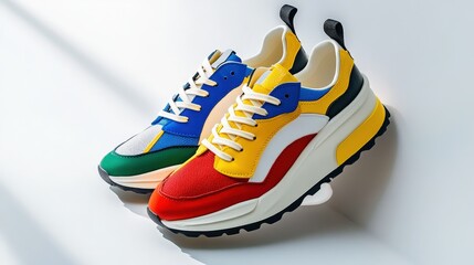limited-edition sneakers in bold primary colors, placed on a clean white backdrop.