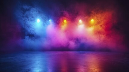 Naklejka premium A dramatic stage scene with a mix of colorful spotlights and smoke creating a vivid atmosphere, AI generated