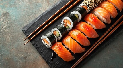 The best view of traditional cuisine. Sushi rolls with salmon, and vegetables served on black table. Food on black stone with chopsticks.