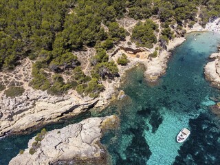 Aerial view, solitude bay Cala Falco or Cap de Falco and Cala Bella Donna with rugged rocky coast, Sol de Majorca, region Cala Vinyes and Calvia, Majorca, Balearic Islands, Spain, Europe