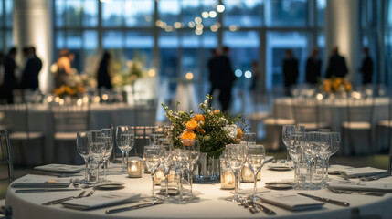 Elegant dimly lit banquet hall with round tables set for a formal event, featuring white tablecloths, silverware, crystal glasses, and floral centerpieces. Large windows provide soft ambient light, wi