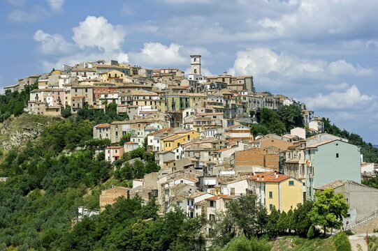 View of the old town on a green hill, Trivento, Molise, Italy, Europe