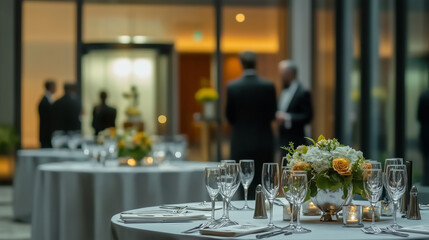 Elegant dimly lit banquet hall with round tables set for a formal event, featuring white tablecloths, silverware, crystal glasses, and floral centerpieces. Large windows provide soft ambient light, wi