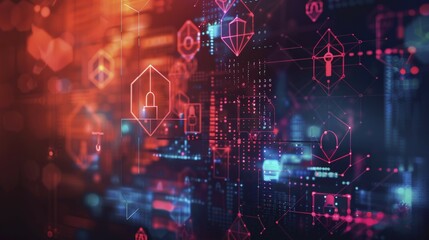 Obraz premium Purple and blue hued image with symbols of blockchain and cybersecurity, ai generated, AI generated